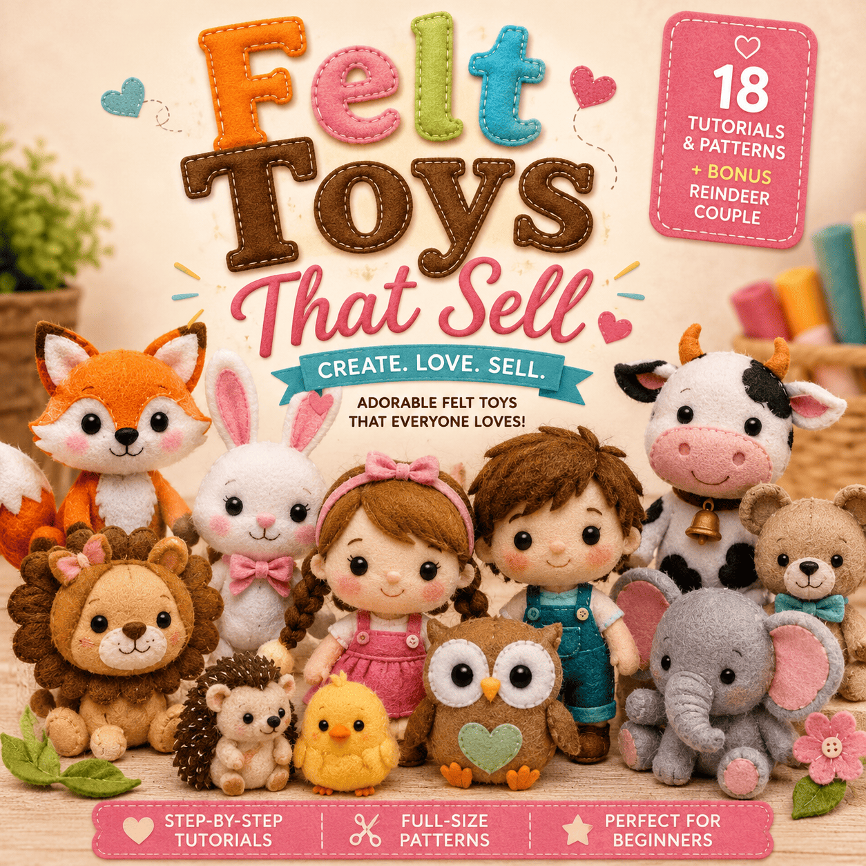 18 Felt Craft Patterns – Farm Animals, Dolls & More with Templates